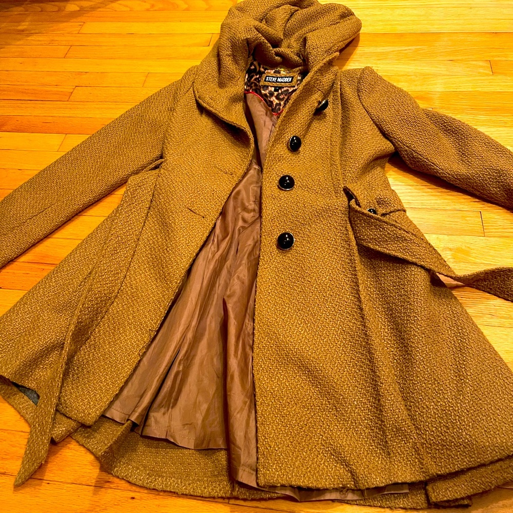 Steve Madden Tan Brown Jacket Women's Single Breasted Wool Coat, Size Large